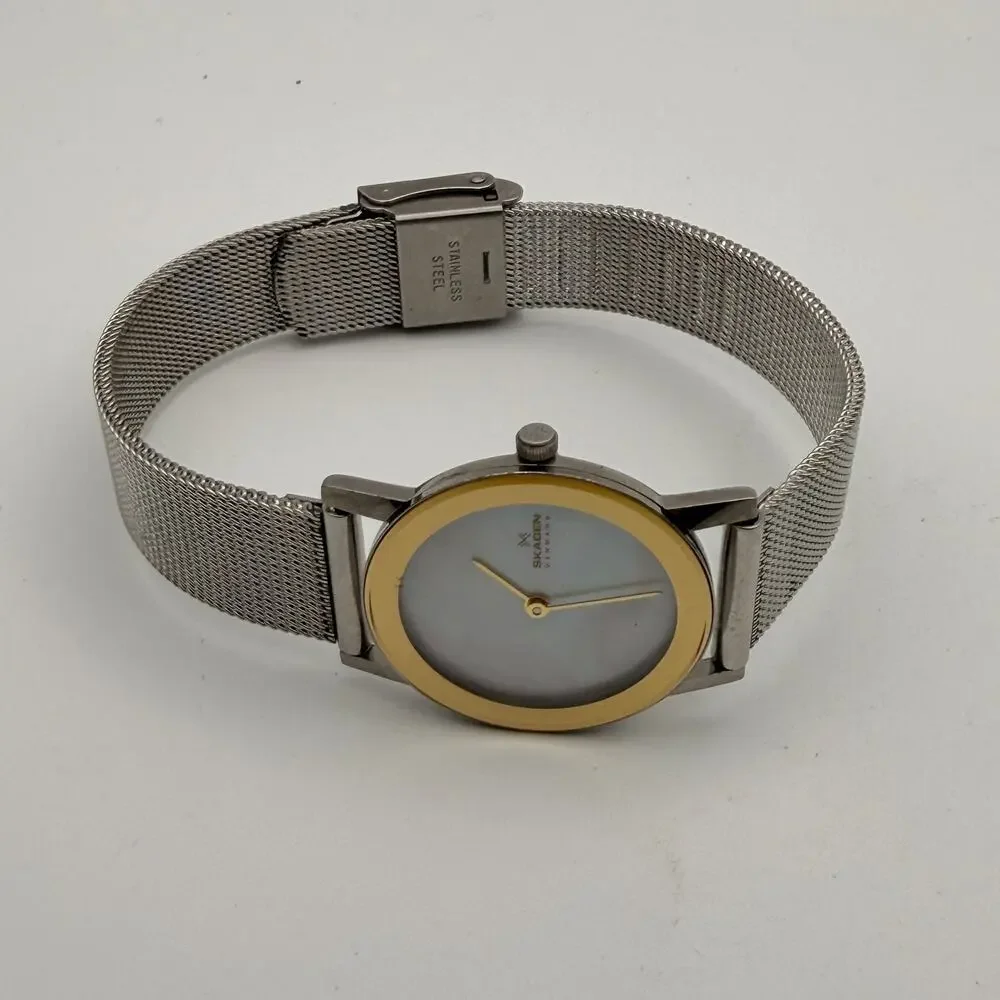 Vintage Skagen 396GSW Gold-Tone MOP Dial Mesh Watch Working New Battery